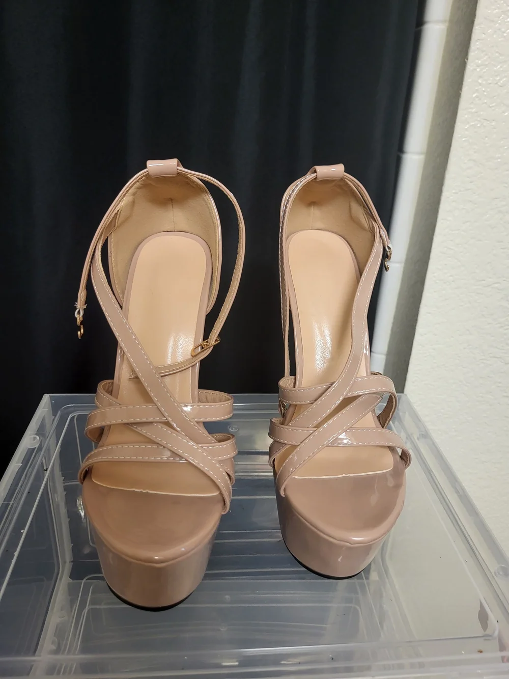 Nude Patent Platform Strappy High Heel Sandals - Women